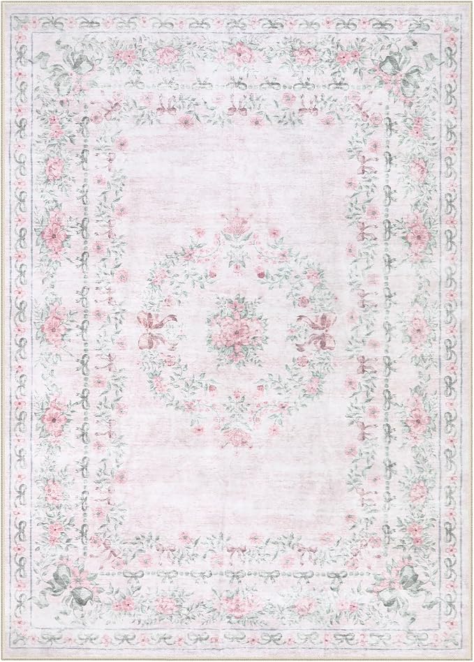 Wonnitar Floral Bow Rug for Girls Bedroom, Pink Area Rug 6x9 for Room Decor, Washable Ultra-Thin Non Slip Soft Boho Aesthetic Carpet for Baby Nursery Kids Room Living Room, Light Pink