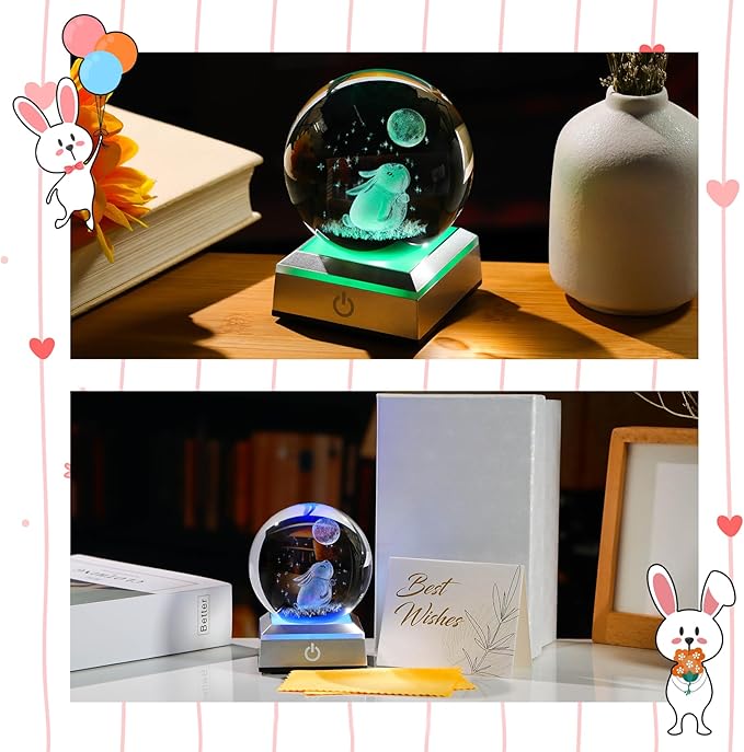 3.15in. Crystal Ball Engraved 3D Rabbit and Moon Stars Figurine Paperweght with LED Light Base, Glass Bunny Sphere Decor Birthday Easter Gifts for Women Boys Girls