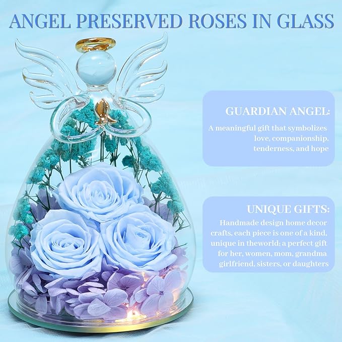 Beferr Mothers Day Mom Birthday Gifts for Women, Fresh Flowers for Delivery Forever Preserved Rose in Glass Angel Figurine, Anniversary Christian Real Rose for Grandma Nana Wife Mum from Daughter Son