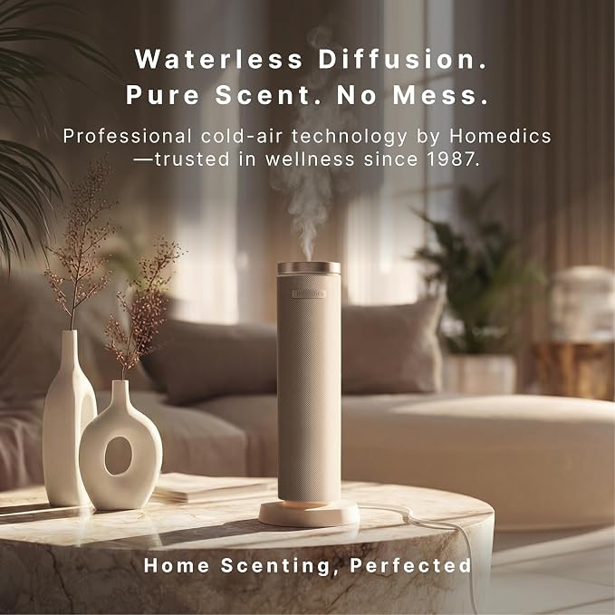 Homedics SereneScent Waterless Diffuser, Cold Air Scent Machine for Home, Diffuser for Large Rooms, App-Controlled Fragrance Diffuser with Timer and Ambient Lights, Beige