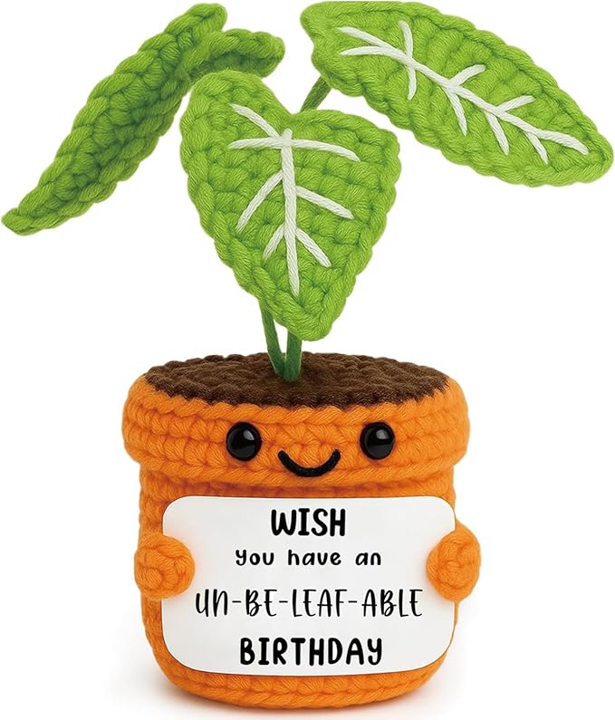 Unique Birthday Gift for Girlfriend Boyfriend Women Friend Crochet Plant Decor with Unbeleafable Birthday Card Handmade Valentines Potted Plush Funny Office Gift for Her Him
