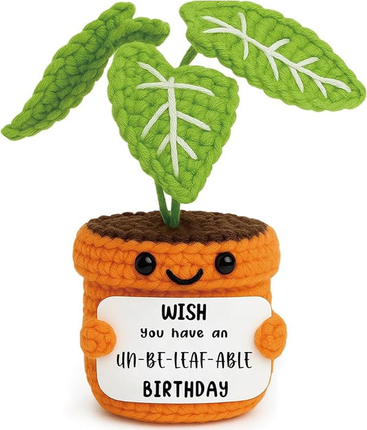 Unique Birthday Gift for Girlfriend Boyfriend Women Friend Crochet Plant Decor with Unbeleafable Birthday Card Handmade Valentines Potted Plush Funny Office Gift for Her Him