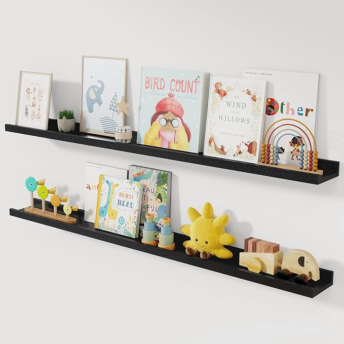 Acovy Solid Ash Wood Floating Shelves, 48 Inch, Black, Set of 2 | Wood Picture Ledge, Wall Mounted, For Living Room Kids' Bedroom Nursery, Large Photo Ledge