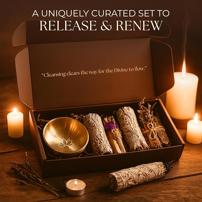 Anima Premium Energy Cleansing Set – White Sage Smudge Sticks, Palo Santo Sticks, Clear Quartz & Selenite Crystal with Smudge Bowl for Crystals & Home Cleansing, Meditation & Manifestation