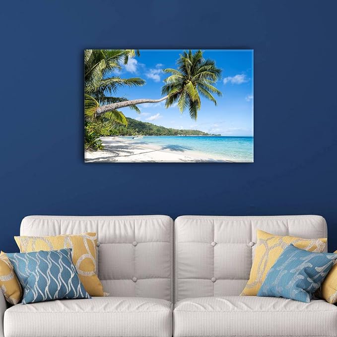 Tropical Coastal Wall Art Beach Landscape Palm Tree Pictures for Living Room Bathroom Wall Decor Ocean Scenery Poster Nature Seascape Canvas Prints Modern Framed Artwork Office Home Decorations 20x30”
