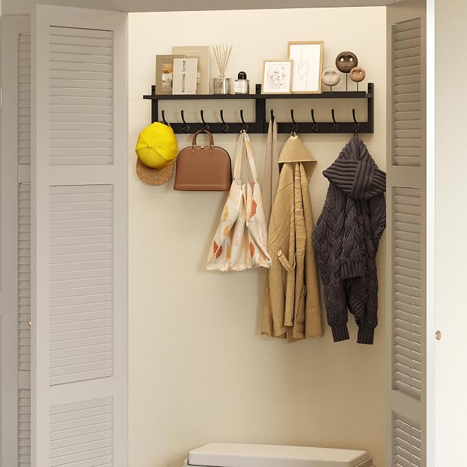 AMBIRD 34.2" Extra Long Wooden Wall Hook Rack with Shelf - Versatile and Decorative Wall-Mounted Storage with 10 Hooks for Coats, Hats, Keys - Ideal for Entryways, Bedrooms, Closets (Stylish Black)