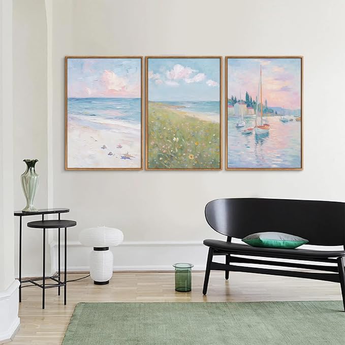 Rantodecor Impressionist Framed Canvas Wall Art, Vintage Italy Coastal Sailboat Wall Decor, Light Blue and White Posters Art Prints, Pastel Beach House Artwork for Bedroom Living Room Office 24"x36"x3