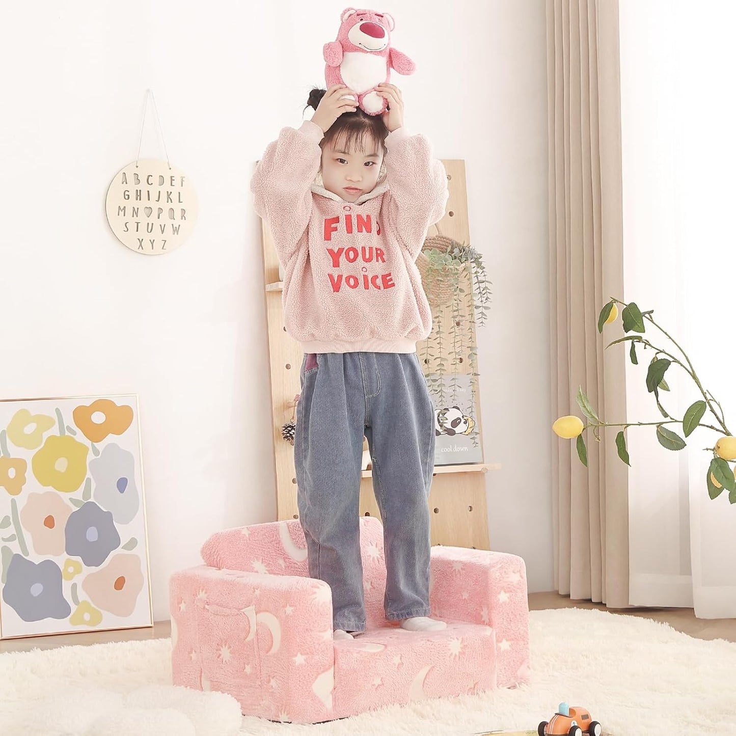 Welnow 2-in-1 Kids Sofa Chair, Glow in The Dark Convertible Toddler Chair Flip Out Children Sofa Chair Folding Kids Play Sofa with Side Pockets & Removable Cover Armrest Chair for Girl or Boy