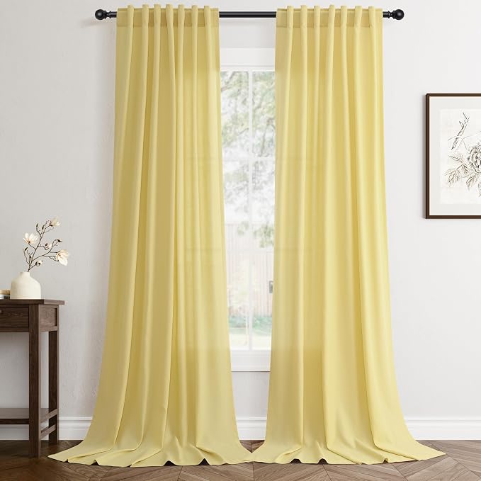 Jowels Yellow Linen Curtains 90 Inch Long 2 Panels for Living Room | Light Filtering Semi Sheer Curtain, Back Tab Pocket Pleated Look, Boho Farmhouse Textured Privacy Drapes for Bedroom Window