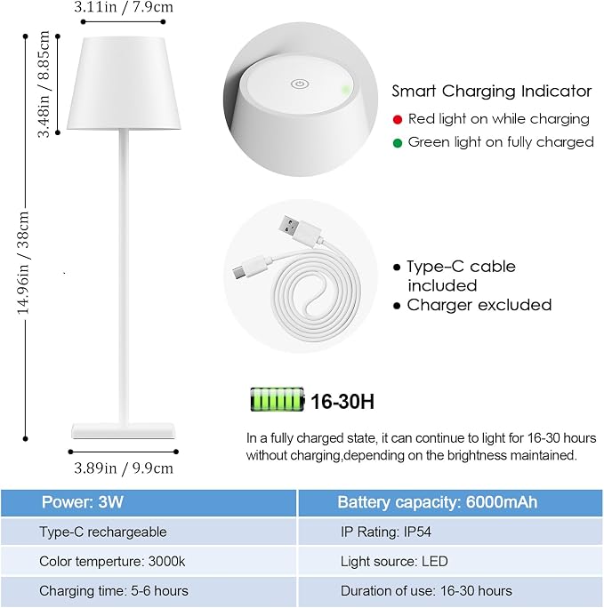 4-Pack Rechargeable Table Lamps, LED Cordless Table Lamp, 5000mAh Battery Operated Table Light, Stepless Dimming Portable Table Light Waterproof for Restaurant/Indoor/Outdoor (White)