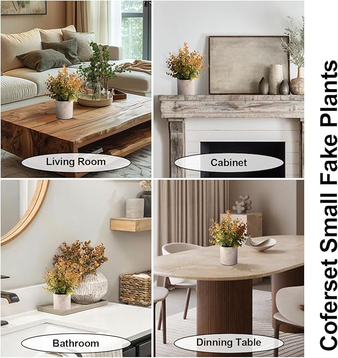 Coferset 2 Pack Small Fake Plants Eucalyptus Potted Artificial Plants for Shelf Desk Home Bathroom Farmhouse Room Coffee Table Decor Fall Decor (Yellow)