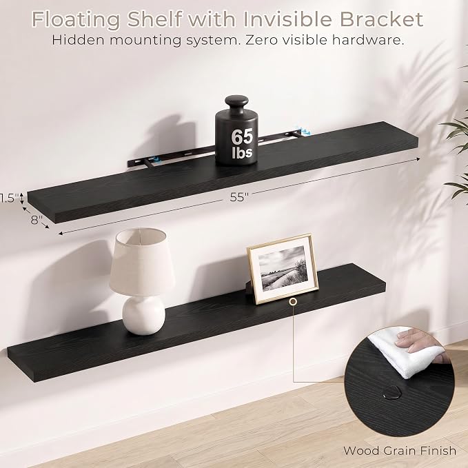 Vivelove Black Floating Shelves for Wall with Invisible Brackets, Long Large Floating Shelves Under TV Over Fireplace Bedroom Living Room Office, 55”X 8”X 1.4", Set of 2 - Black
