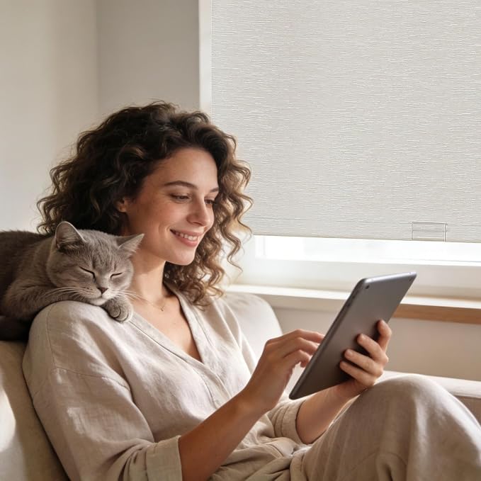 Joydeco Natural Woven Roller Shades for Indoor Windows, Cordless Blackout Blinds with Curved Valance, Thermal Insulated UV Protection Privacy Window Shades for Home and Office (Beige,30" W x 72" H)