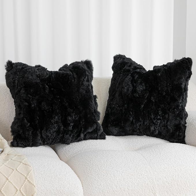 Genuine Rabbit Fur Throw Pillow Covers Set of 2,Luxury Decorative Pillowcases Soft Fluffy Animal Skin Accents Square Cushion Cover for Couch Sofa Bedroom Living Room Home,18x18 inch,Black