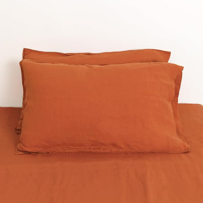 Linen World 100% French Natural Linen Pillowcase Set of 2 - Stone Washed Moisture-Absorbing King Size(20''x40''),Rust