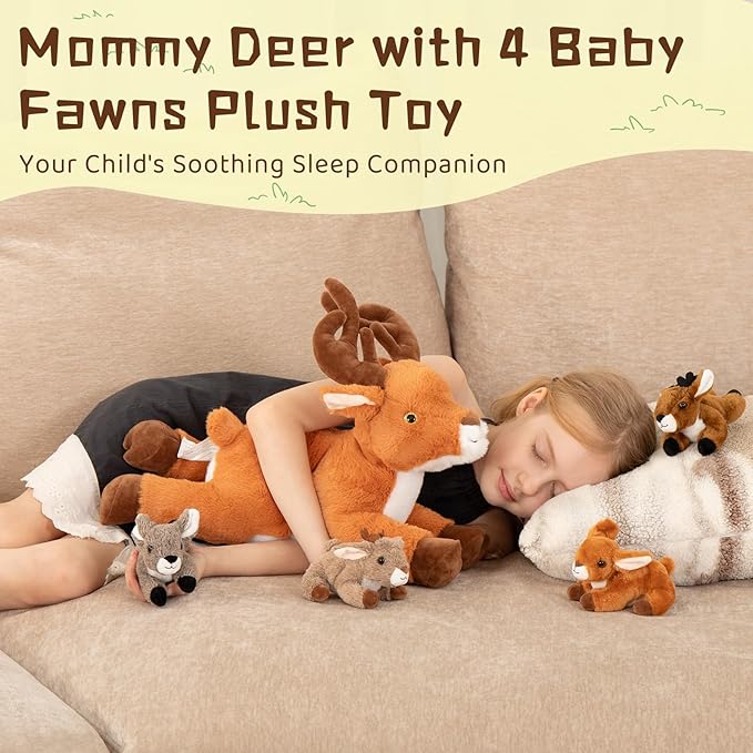 MorisMos 5 Pcs Large Deer Stuffed Animal, 18inch Mommy Deer Plush with 4 Fawns, Soft Fawn Plush Toys Gifts for Kids, Girls, Boys