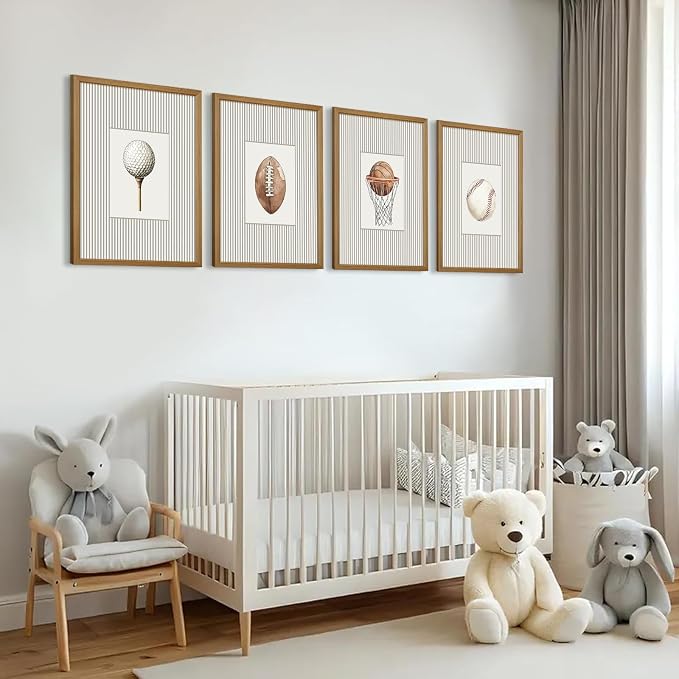 Sports Wall Art Decor Toddler Boys Room Canvas Prints Vintage Sports Nursery Wall Decor Kids Poster Football Baseball Pictures Basketball Golf Painting Artwork for Bedroom 12x16x4 Inch Wood Framed