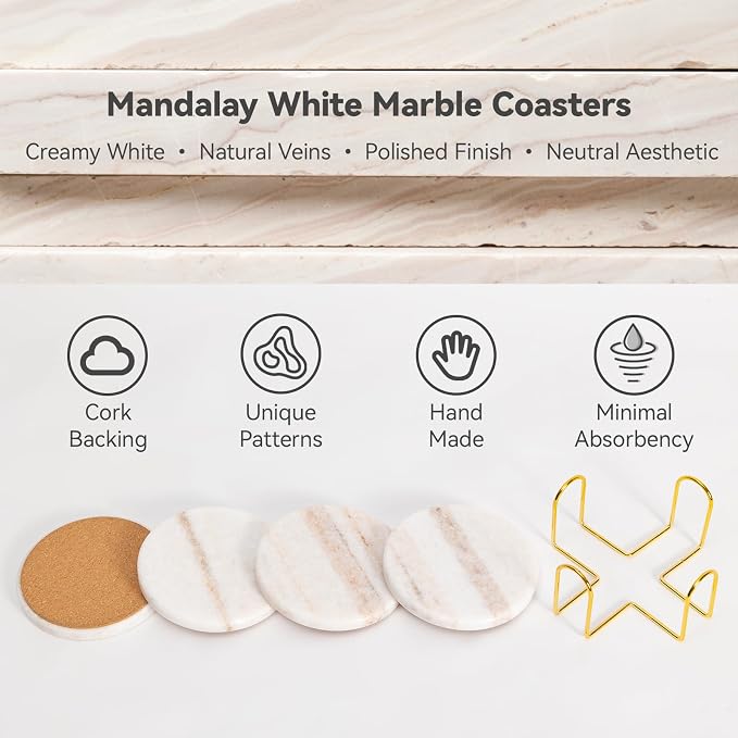 Creamy White Marble Coasters Set of 4 with Holder, Neutral Drink Coasters for Coffee Table, 4" Round Polished White Stone Coaster with Tan Veins – Heat Resistant, Non-Slip, Housewarming Gift
