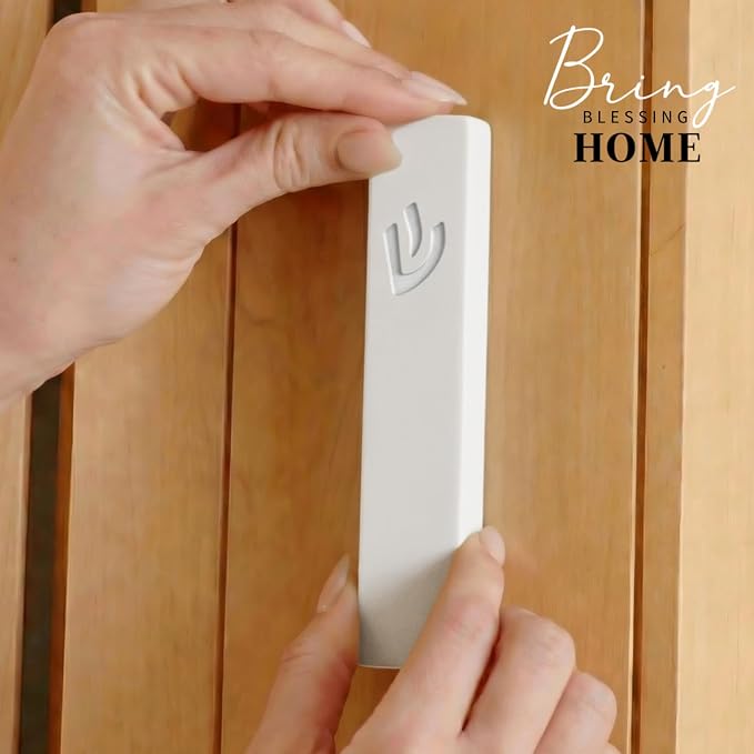 SURI Mezuzah for Door – 4 Inch White Concrete Mezuzah Case with Non Kosher Scroll, Self-Stick Jewish Entry Design, Fits a 3 Inch Scroll, Gift Box Included