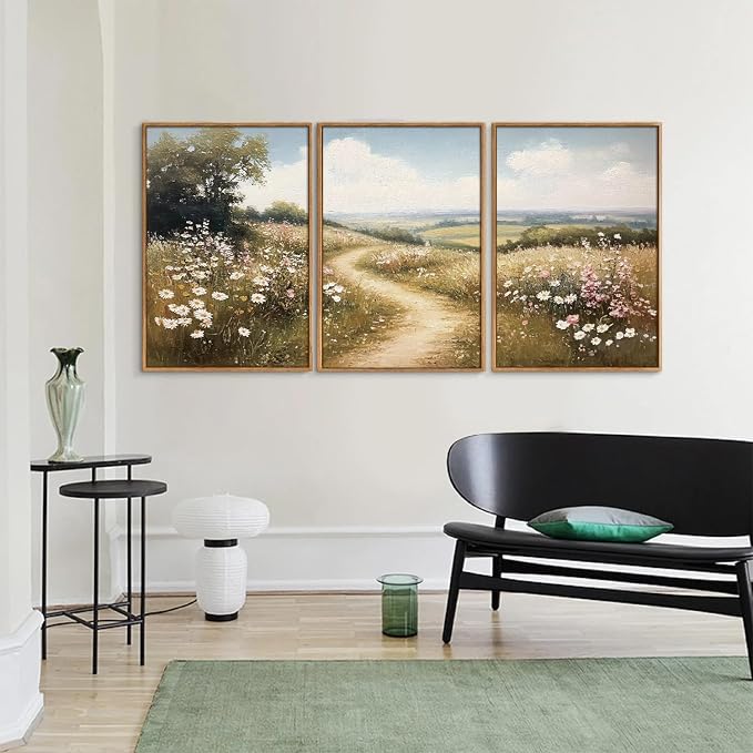 Rantodecor Rustic French Country Framed Canvas Wall Art, Vintage Flower Field Wall Decor, Calming Nature Landscape Art Paintings, Modern Wildflower Artwork for Farmhouse Bedroom Living Room 24"x36"x3