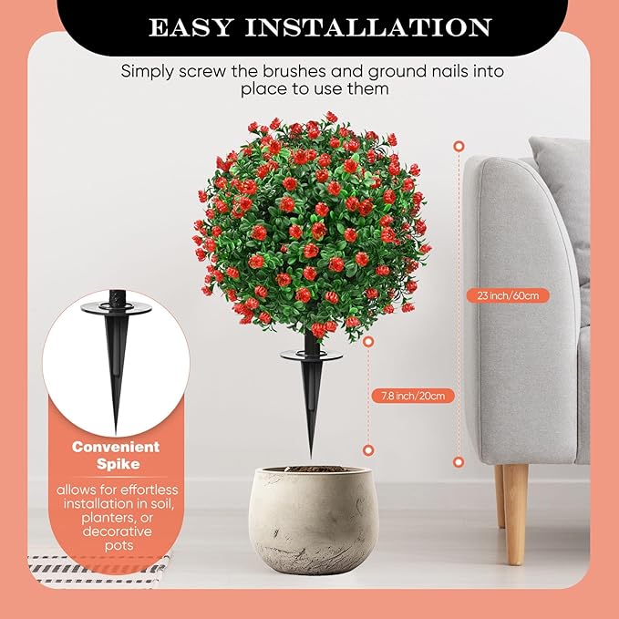FAJUNZH Artificial Topiary Bushes for Outdoors with Spike, Boxwood Ball Fake Shrubs UV Resistant Faux Plants for Indoor Outdoor Fall Thanksgiving Halloween Decor (Artificial Boxwood Ball Bush-Red)