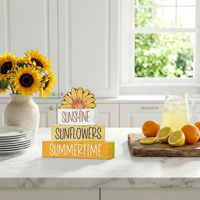Smile 4 Pcs Summer Indoor Wooden Decor, Sunshine Sunflower Summertime Tiered Tray Farmhouse Table Decoration for Home and Office