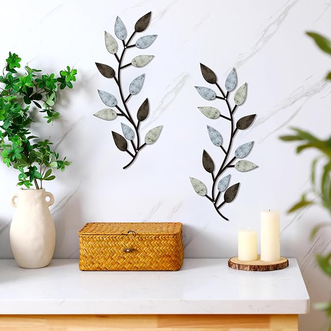 Zhengmy 2 Pieces Metal Tree Leaf Wall Decor Vine Olive Branch Leaf Wall Art Living Room, Hallway Wall Decor Outdoor Decoration(Pastel Colors)