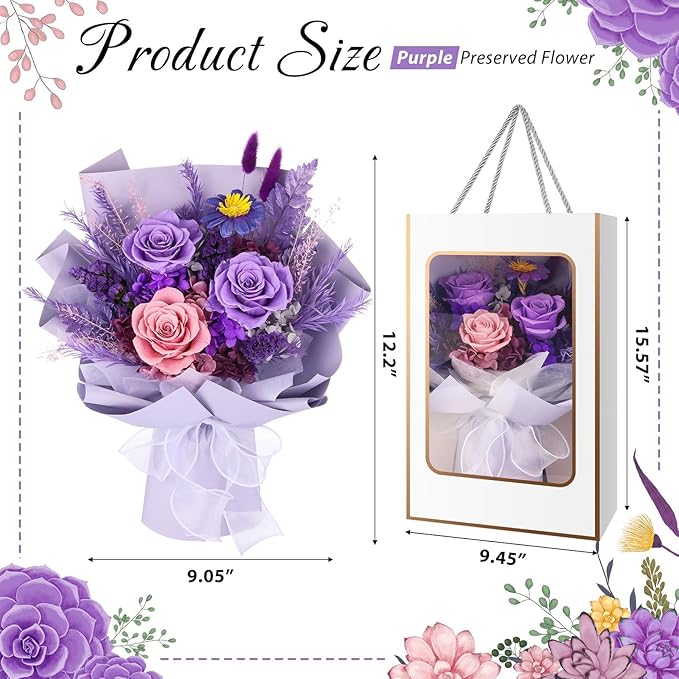 Flowers for Delivery Prime, Mothers Day Gifts for Mom, Preserved Flower Bouquet, Purple Roses Birthday Gifts for Women Her Wife Girlfriend Grandma, Real Forever Flower for Valentines Day Anniversary