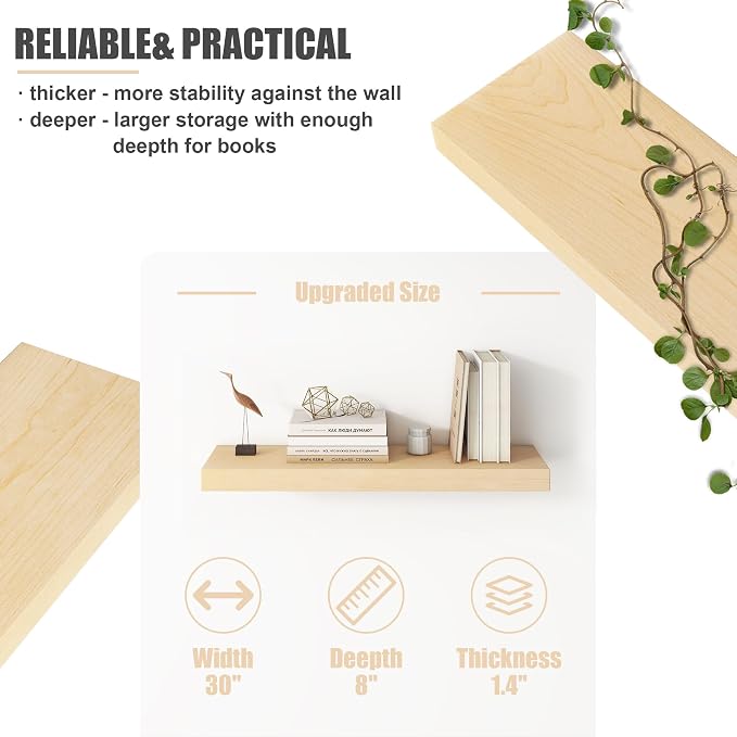 Floating Shelves for Wall, USA-Sourced Maple Wood 30 Inch Wall Shelves Set of 2, Natural Wooden Mounted Picture Ledge Shelf, Nursery Book Storage Shelf Kids Bookshelf Display, Shelf for Bathroom
