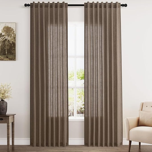 Light Brown Linen Curtains 84 Inches Long for Bedroom Back Tab Light Filtering Privacy Semi Sheer Curtains Modern Farmhouse Decor Light Brown Cotton Textured Curtain for Living Room 2 Panels 52x84