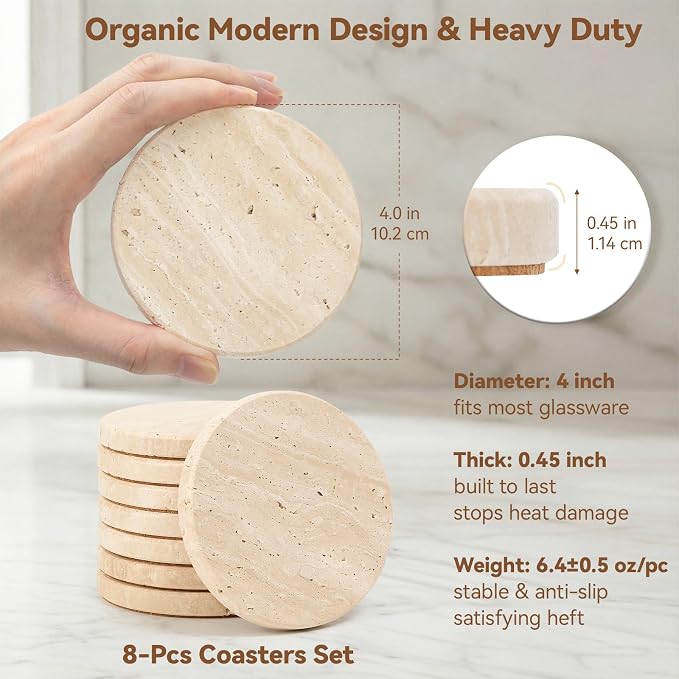 Travertine Coasters Set of 8, 4 Inch Round Heavy Duty Coasters for Drinks, Semi Absorbent Stone Coaster with Cork Back, Heat & Scratch Resistant Table Protection, Rustic Farmhouse Table Decor