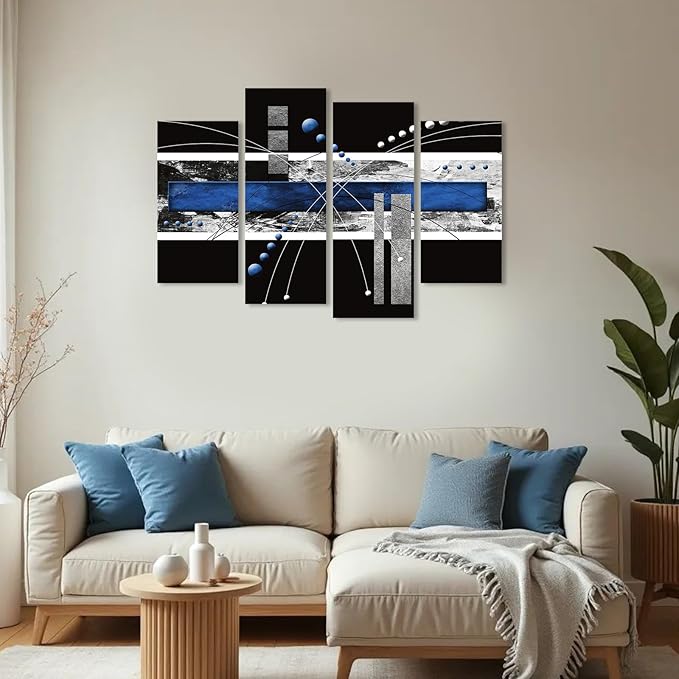 Modern Abstract Canvas Wall Art: Black and Blue Wall Decor - Grey White Decoration for Home Office, 4 Panels Poster Decorative Framed Print for Living Room Bedroom Ready to Hang
