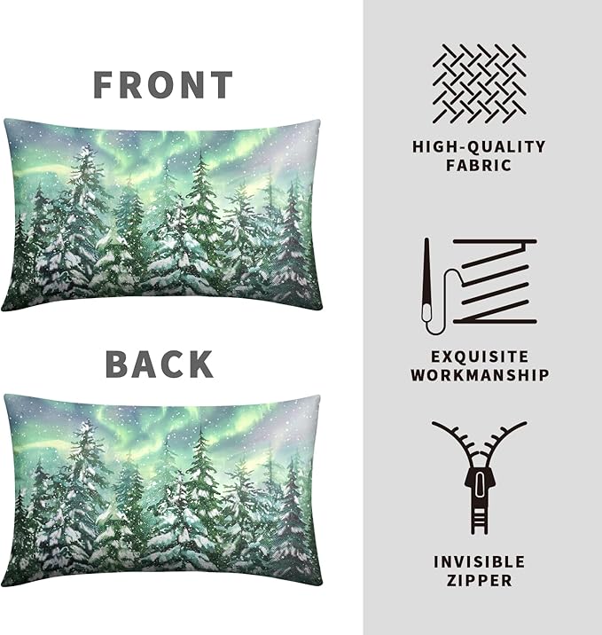 Winter Aurora Lumbar Pillow Covers 12x20 Set of 2 Snowy Pine Tree Throw Pillow Covers Green Polar Light Forest Pillow Case Rectangular Cushion Case for Home Decor Couch Sofa