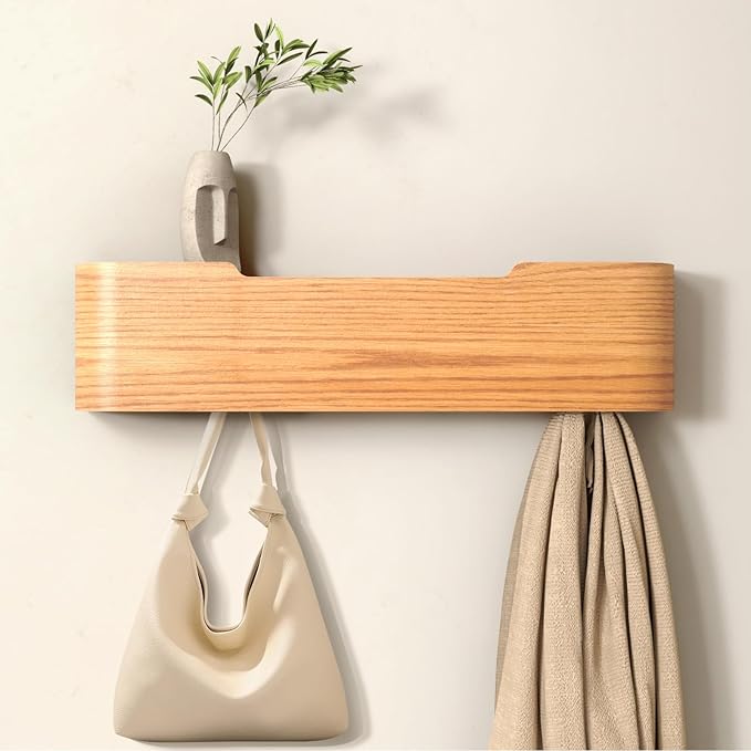 Wall Mounted Coat Rack with Shelf, Wooden Entryway Organizer with Hidden Metal Hooks for Hanging Coats Bags Keys, Modern Floating Shelf for Hallway Bathroom