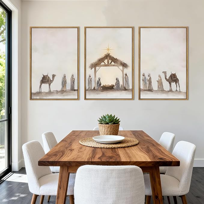 Anyzal Extra Large Jesus Framed Wall Art 24x36 Inch Easter Catholic Nativity Scene Canvas Artwork Christian Religious Birth of Jesus Painting for Living Room Bedroom Dining Room Set of 3