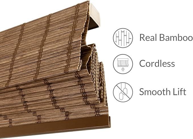 CHICOLOGY Bamboo Roman Shade, Cordless Light Filtering Woven Wood Window Treatment for Living Room, Dining Room, Kitchen & Office, Natural Bamboo Blinds for Boho Coastal Decor, Elk, 32" W x 64" H