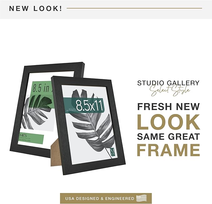 MCS Studio Gallery 8.5x11 Picture Frame Black Woodgrain Engineered Wood, Vertical & Horizontal Wall Hanging & Easel for Tapletop Display, Rectangle Photo Frame for Photos, Posters & Art Prints (1-Pack)