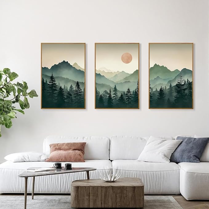 SIKERIC Sage Green Boho Mountain Wall Art, Large Modern Sunrise Framed Canvas Art Prints Set of 3, Nature Landscape Wall Decor, Watercolor Misty Forest Wall Paintings for Living Room, Bedroom- 24X36in