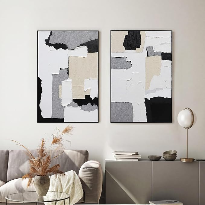 Neutral Abstract Wall Art Hand Painted, 3D Textured with Fabric Wall Decor, Modern Minimalist Framed Canvas Painting, Black White Geometric Artwork for Home Office Living Room Bedroom, 24"x36"x2
