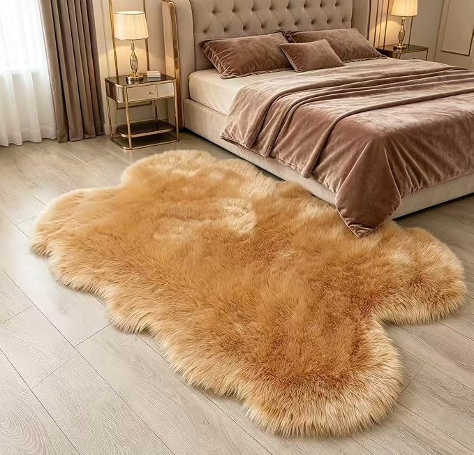 Faux Fur Rug Brown Fluffy Sheepskin Area Rug,Ultra Soft Shaggy Plush Rug Bedroom Living Room Sofa Floor Kids Room Bedside（4 x 6 ft Sheepskin）