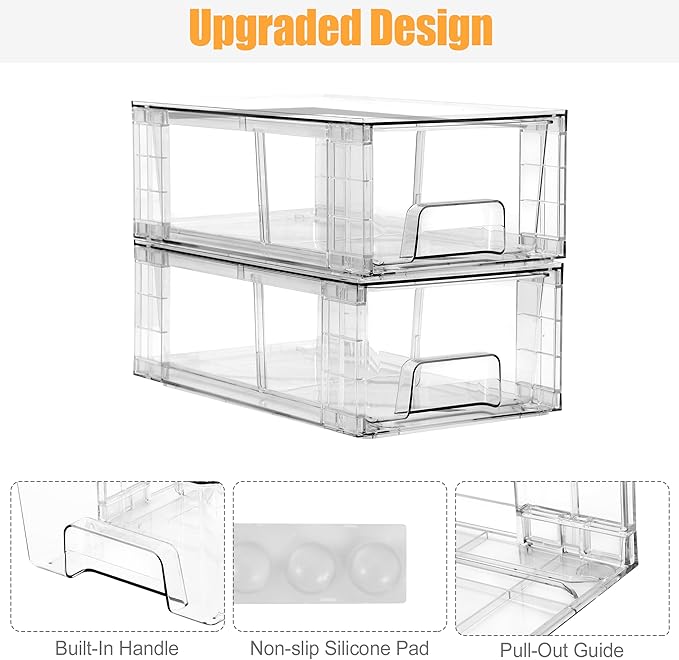 2 Pack Stackable Storage Drawers,Plastic Organizers Bins, Drawers Storage with Handles and Movable Dividers for Organization and Storage in Fridge,Bathroom, Pantry, Kitchen Cabinets, Under Sink
