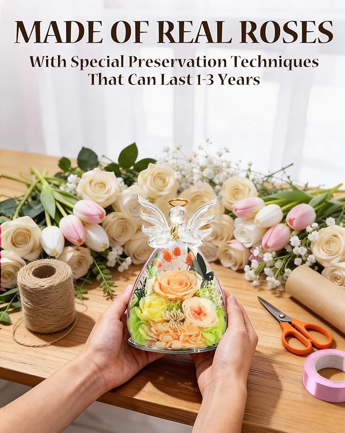 homeasy Birthday Gifts for Women Mom, Preserved Flowers Rose in Glass Angel Figurines, Forever Fresh Flowers for Delivery Gift Box with 3D Card for Grandma Wife Her