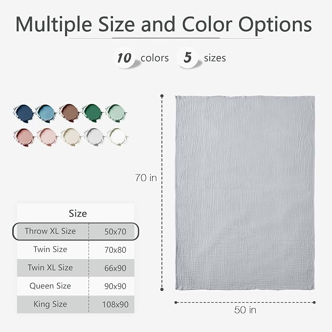 Carriediosa 100% Cotton Muslin Throw Blanket 50" X 70" Throw XL Size，4-Layers Summer Gauze Throws for Bed Couch，Soft Lightweight Breathable Linen Blankets Bedspread for Adults All Season，Grey
