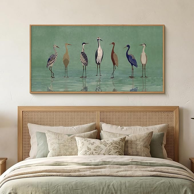 Large Vintage Birds Heron Framed Canvas Wall Art,Green Lake Wildlife Wall Decor,Minimalist Animals Art Prints,Natural Coastal Landscape Artwork for Living Room,Bedroom,Farmhouse- 20''x40''x3