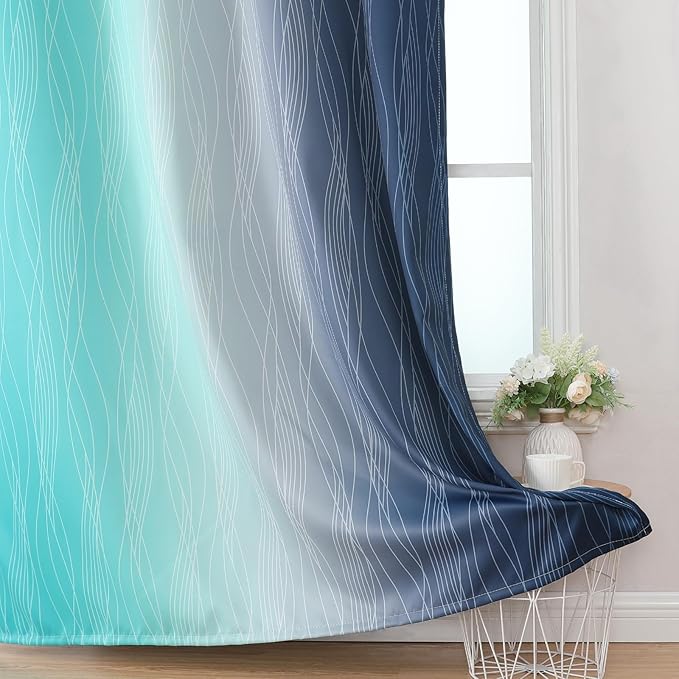 Estelar Textiler Navy Blue and Teal Gradient Blackout Curtains for Bedroom, Thermal Insulated Ombre Blackout Drapes, Full Light Blocking Energy Saving Curtains for Living Room,52Wx96L,2 Panels