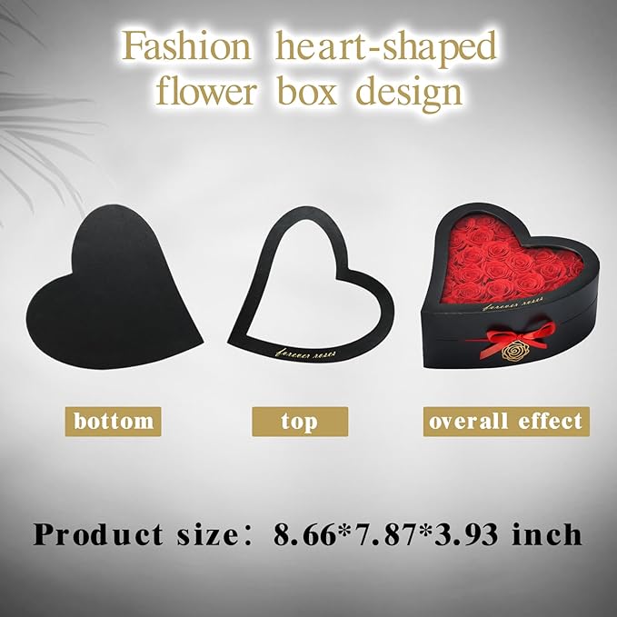 HERBMOTG 27 Forever Real Roses in Heart-Shaped Box with a Curved Design, Grade A Quality-Preserved Roses for Birthday, Mothers Day & Valentines Day (Red)