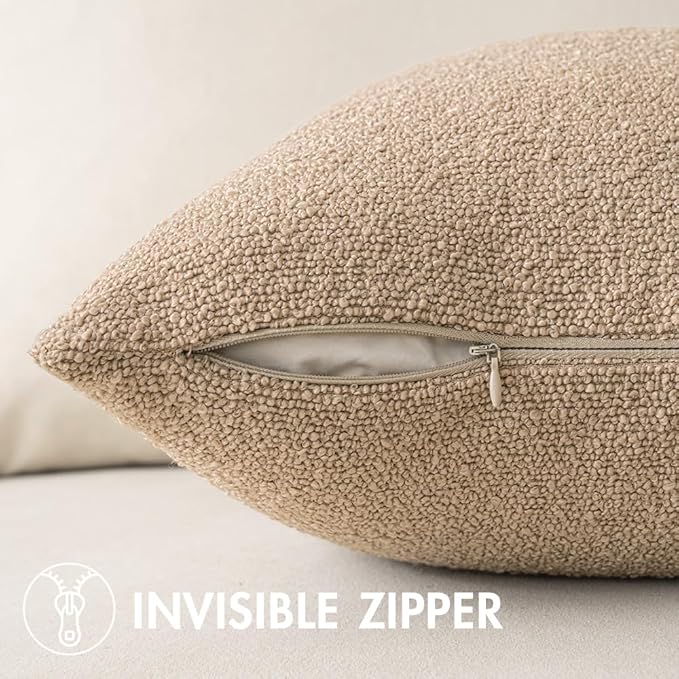 MIULEE 24x24 Decorative Euro Sham Pillow Covers for Couch Bed Set of 2 Textured Boucle Neutral Throw Pillow Covers Taupe Khaki Camel Accent Solid Pillowcases Sofa Living Room Home Decor