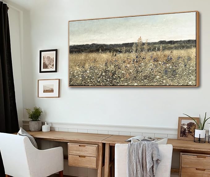 DJSYLIFE Framed Canvas Wall Art Wildflower Field, 29.52 x 57.87 Inch | Extra Large, Oversized, Vintage Landscape Painting Prints, Classical Flowers Pictures, Farmhouse Living Room Bedroom Decor