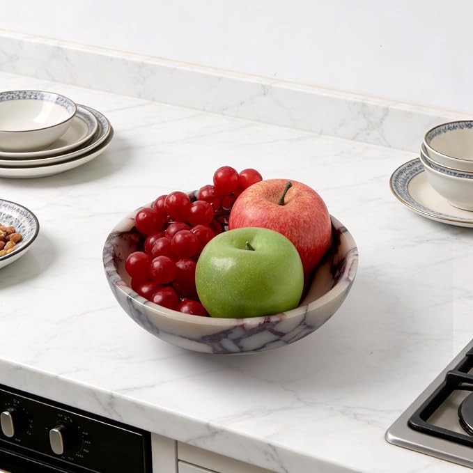 Luxury Natural Marble Fruit Bowl – Large 7.8-Inch Calacatta Viola Marble for Kitchen Counter Fruit Serving Holder, Decorative Snack Dish for Coffee Table, Centerpiece Tray for Home Decor