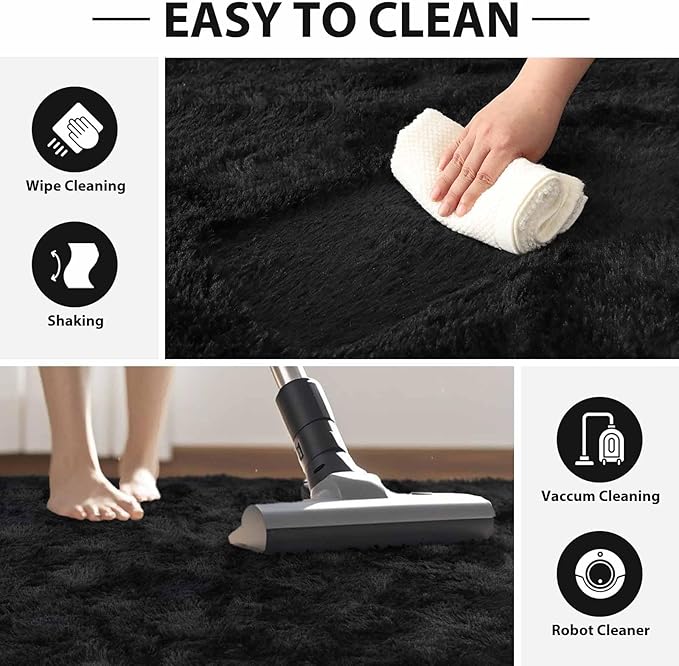 FinRèc Soft Black Area Rugs for Bedroom Living Room, 4x6 Feet Modern Indoor Fluffy Shaggy Rug, Non-Slip Fuzzy Furry Rug for Nursery Kids Room Dorm Room Home Decor, High Pile Plush Floor Carpet